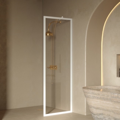 Hietakari, Bläk 731 New York, kiinteä suihkuseinä 54x195cm, Valkoinen/ Kirkas lasi.